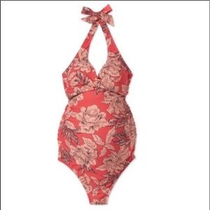 Isabel Maternity Swimsuit One Piece Size Medium Pink Floral Halter Neck NWT